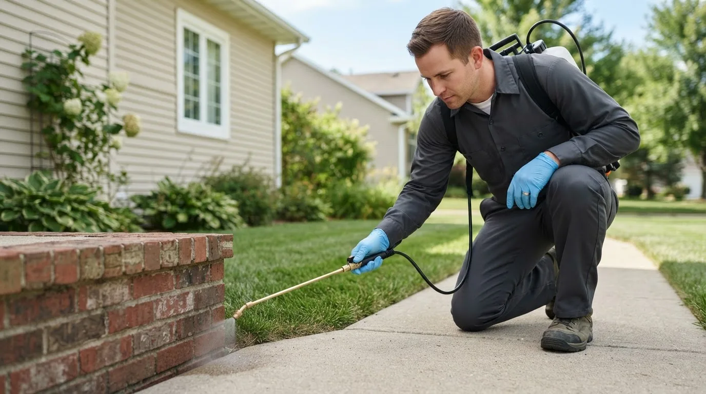 Pest control technician treating a home near Weirton, WV
